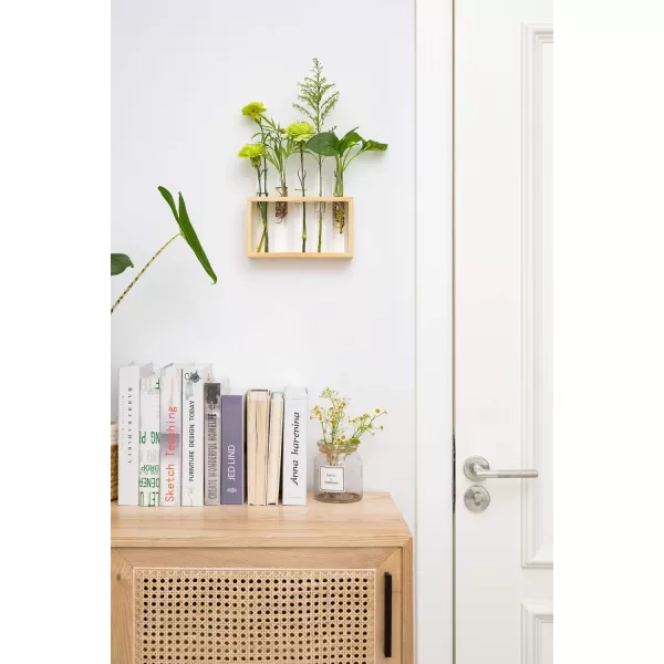 Mkono Wall Hanging Glass Planter Plant Terrarium Modern Flower Bud Vase in Wood Stand Rack Tabletop Terrarium for Propagating Hydroponic Plants Home Office Decoration with 5 Test Tube Medium BrownBeige