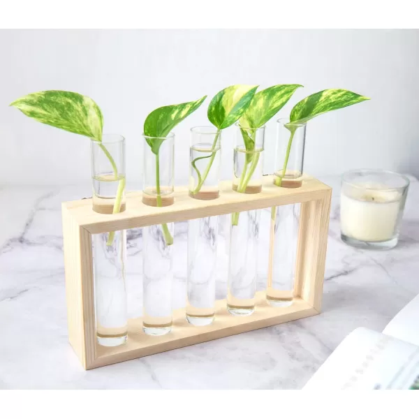 Mkono Wall Hanging Glass Planter Plant Terrarium Modern Flower Bud Vase in Wood Stand Rack Tabletop Terrarium for Propagating Hydroponic Plants Home Office Decoration with 5 Test Tube Medium BrownBeige