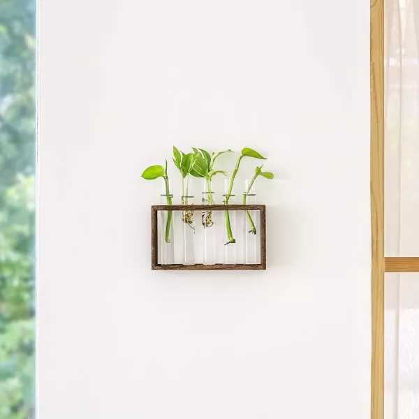 Mkono Wall Hanging Glass Planter Plant Terrarium Modern Flower Bud Vase in Wood Stand Rack Tabletop Terrarium for Propagating Hydroponic Plants Home Office Decoration with 5 Test Tube Medium BrownBrown
