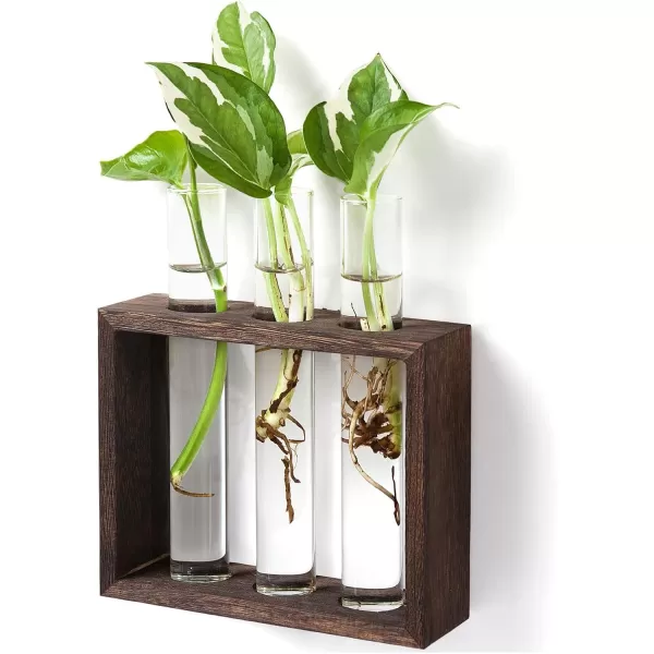 Mkono Wall Hanging Glass Planter Plant Terrarium Modern Flower Bud Vase in Wood Stand Rack Tabletop Terrarium for Propagating Hydroponic Plants Home Office Decoration with 5 Test Tube Medium BrownBrown