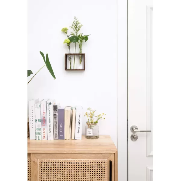 Mkono Wall Hanging Glass Planter Plant Terrarium Modern Flower Bud Vase in Wood Stand Rack Tabletop Terrarium for Propagating Hydroponic Plants Home Office Decoration with 5 Test Tube Medium BrownBrown