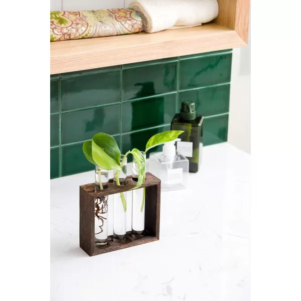 Mkono Wall Hanging Glass Planter Plant Terrarium Modern Flower Bud Vase in Wood Stand Rack Tabletop Terrarium for Propagating Hydroponic Plants Home Office Decoration with 5 Test Tube Medium BrownBrown