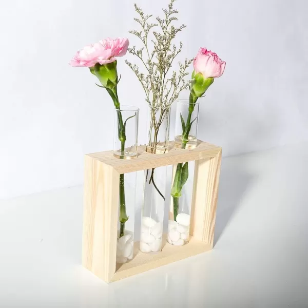 Mkono Wall Hanging Glass Planter Plant Terrarium Modern Flower Bud Vase in Wood Stand Rack Tabletop Terrarium for Propagating Hydroponic Plants Home Office Decoration with 5 Test Tube Medium BrownBeige