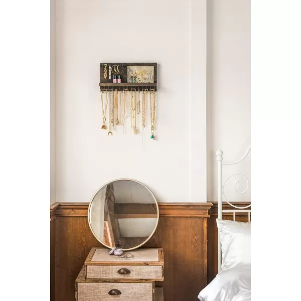 Mkono Wall Mounted Jewelry Organizer Rustic Necklace Holder Earring Display Rack with 30 Hooks and Shelf Wooden Hanging Necklace Hanger for Necklaces Earrings Bracelets Rings