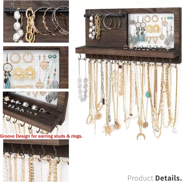 Mkono Wall Mounted Jewelry Organizer Rustic Necklace Holder Earring Display Rack with 30 Hooks and Shelf Wooden Hanging Necklace Hanger for Necklaces Earrings Bracelets Rings