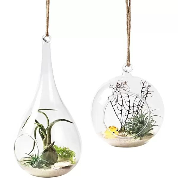 Mkono 2 Pack Glass Hanging Planter Air Fern Holder Terrarium Plants Hanger Vase Home Christmas Decoration Gift Idea for Succulent Moss Tillandsias Air Plants Globe and Teardrop
