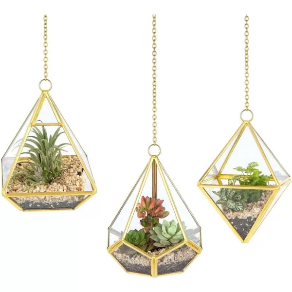 Mkono 3 Pcs Small Hanging Glass Terrarium Geometric Container Vertical Modern Planter Windowsill Decor Gift for Succulent Fern Moss Air Plants Miniature GardenGold