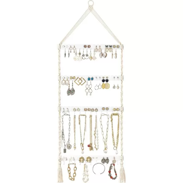 Mkono Hanging Jewelry Organizer Macrame Necklace Holder Wall Mounted Jewelry Hanger Earring Holder Organizer Boho Decor Over Door Jewelry Display Necklace Rack for Necklaces Bracelets Earrings