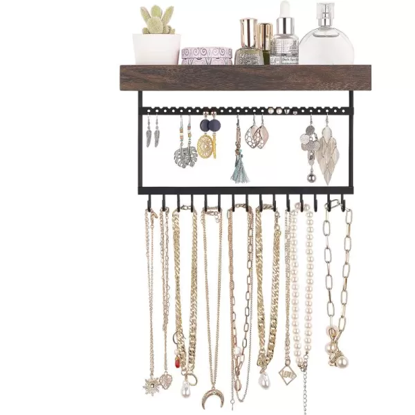 Mkono Hanging Jewelry Organizer Necklace Holder with Hooks Rustic Wall Mount Wood Shelf Jewelry Hanger Display for Earrings Necklaces Bracelet Rings
