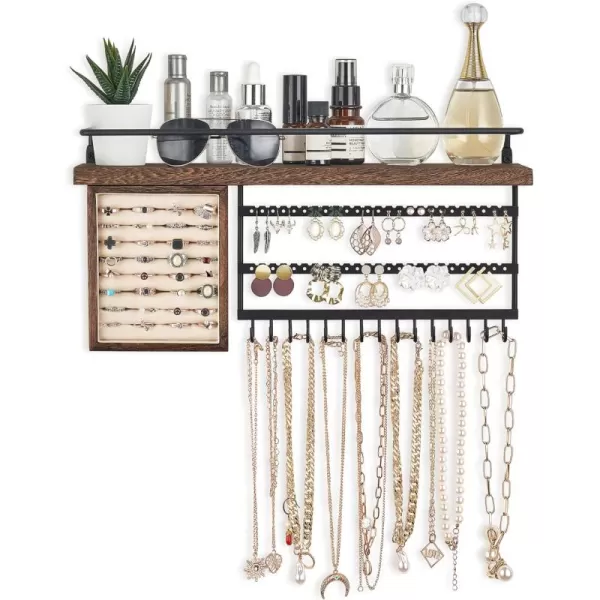 Mkono Hanging Jewelry Organizer Wall Mounted Jewelry Organizer Necklace Holder with Rustic Wood Shelf Ring Display Box Ear Studs Earring Holder Bracelet Organizer