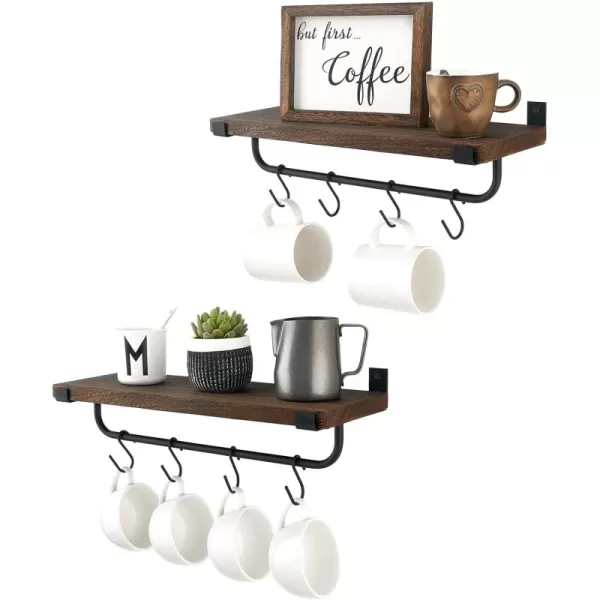 Mkono Mug Holder Wall Mounted Coffee Mug Rack Set of 2 Rustic Floating Shelf for Coffee Bar Accessories Wood Tea Cup Hooks Hanger for Organizing Cooking Utensils Home Kitchen Decor GreyBrown