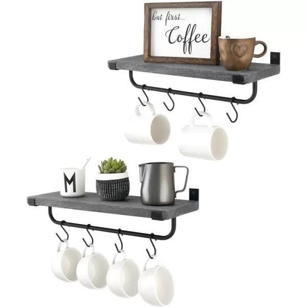 Mkono Mug Holder Wall Mounted Coffee Mug Rack Set of 2 Rustic Floating Shelf for Coffee Bar Accessories Wood Tea Cup Hooks Hanger for Organizing Cooking Utensils Home Kitchen Decor GreyGray