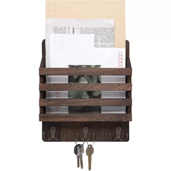 Mkono Rustic Wood Mail Bill Organizer Key Holder for Wall Wooden Small Mail Sorter with 3 Double Hooks for Mails Letter Bills Magazine Storage Organization Home Decor for Entryway Office Garage