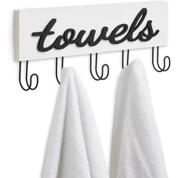Mkono Towel Holder Wall Mounted Towel Rack Bathroom Decor Rustic Wood Towel Hooks to Hang Towels Bathroom Robe Coat Clothing Bath Towel Hanger Storage Home Decor Organizer MediumWhite