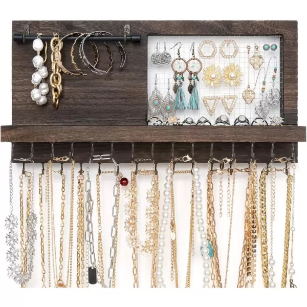 Mkono Wall Mounted Jewelry Organizer Rustic Necklace Holder Earring Display Rack with 30 Hooks and Shelf Wooden Hanging Necklace Hanger for Necklaces Earrings Bracelets Rings