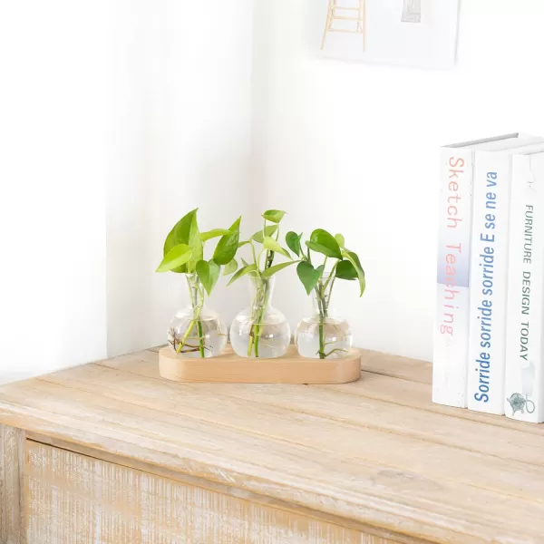 Mkono Desktop Plant Propagation Station Glass Planter Terrarium with Wooden Tray Bulb Flower Vase Perfect for Propagating Hydroponic Plants Home Office Decor Plant Lover Gift IdeaBeige