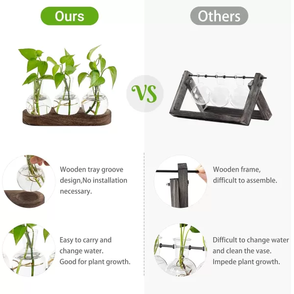 Mkono Desktop Plant Propagation Station Glass Planter Terrarium with Wooden Tray Bulb Flower Vase Perfect for Propagating Hydroponic Plants Home Office Decor Plant Lover Gift IdeaBrown