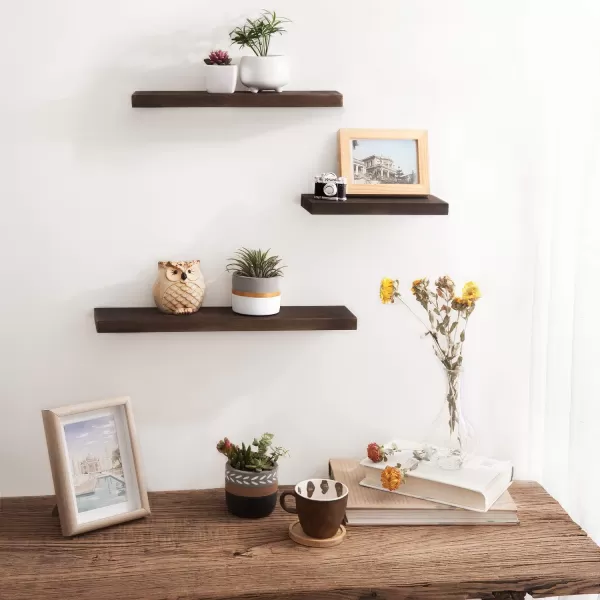 Mkono Floating Shelves Rustic Wood Wall Shelf Set of 3 Modern Wall Mounted Shelves with Invisible Brackets Display Trophy Photo Frames Plants Home Decor Living Room Bedroom Bathroom Dark BrownDark Brown