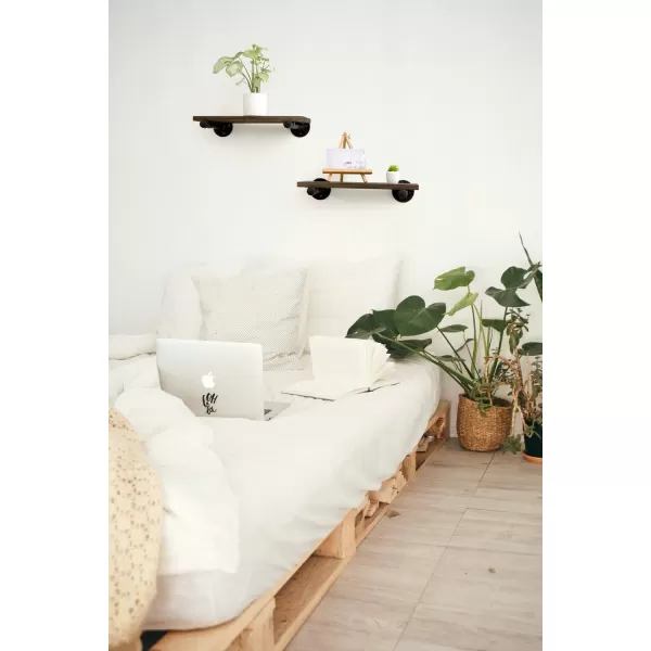 Mkono Floating Shelves Wall Mounted Industrial Shelves Rustic Wood Wall Shelf with Pipe Brackets Set of 2 Storage Shelving Farmhouse Home Decor for Bathroom Living Room Kitchen OfficeBrown