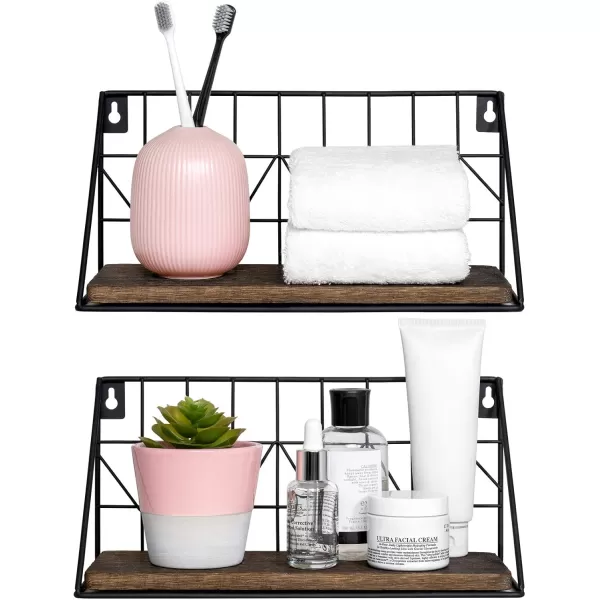 Mkono Floating Shelves Wall Mounted Set of 2 Rustic Wood Storage Display Shelf with Metal Wire Basket Hanging Shelf for College Drom Bedroom Bathroom Living Room Kitchen Office BrownMediumBrown