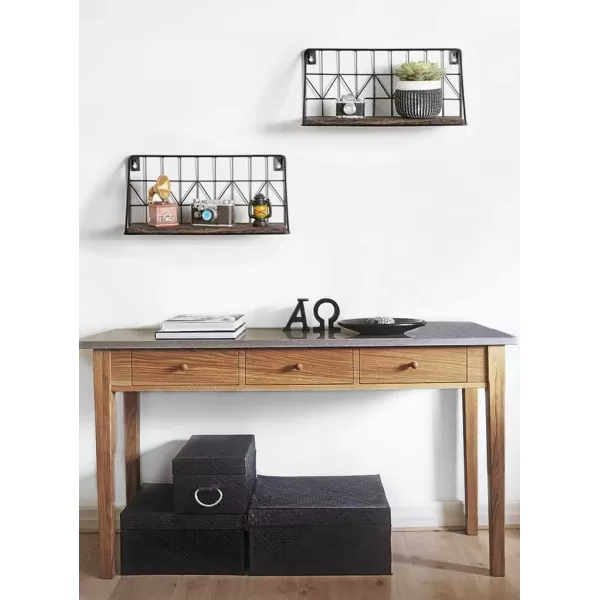 Mkono Floating Shelves Wall Mounted Set of 2 Rustic Wood Storage Display Shelf with Metal Wire Basket Hanging Shelf for College Drom Bedroom Bathroom Living Room Kitchen Office BrownMediumBrown