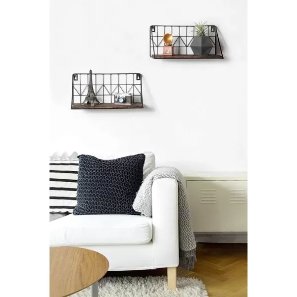 Mkono Floating Shelves Wall Mounted Set of 2 Rustic Wood Storage Display Shelf with Metal Wire Basket Hanging Shelf for College Drom Bedroom Bathroom Living Room Kitchen Office BrownMediumBrown