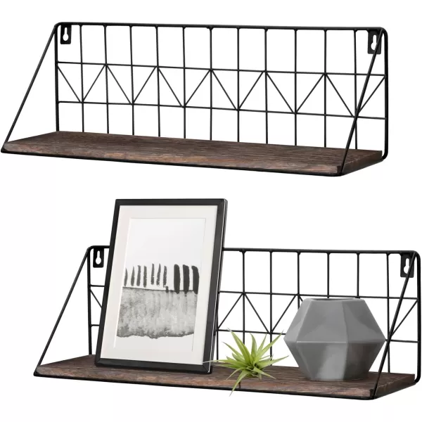 Mkono Floating Shelves Wall Mounted Set of 2 Rustic Wood Storage Display Shelf with Metal Wire Basket Hanging Shelf for College Drom Bedroom Bathroom Living Room Kitchen Office BrownMediumBrown