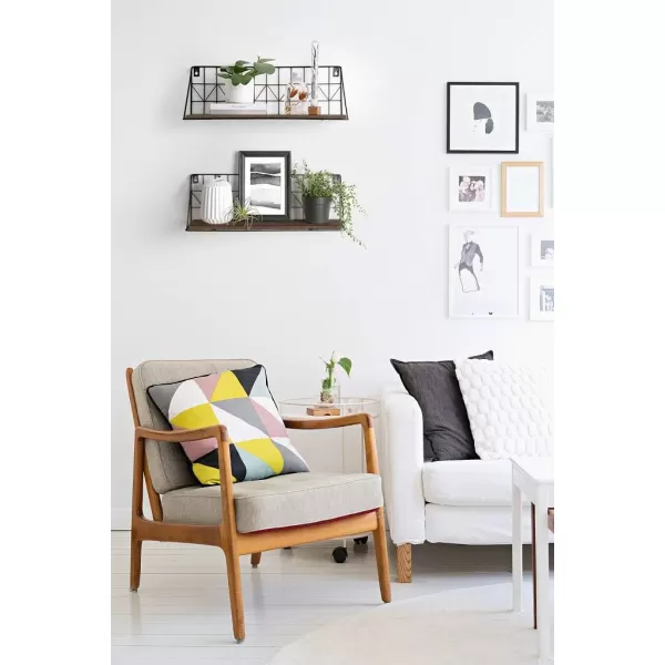 Mkono Floating Shelves Wall Mounted Set of 2 Rustic Wood Storage Display Shelf with Metal Wire Basket Hanging Shelf for College Drom Bedroom Bathroom Living Room Kitchen Office BrownMediumBrown