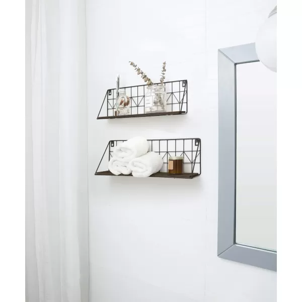 Mkono Floating Shelves Wall Mounted Set of 2 Rustic Wood Storage Display Shelf with Metal Wire Basket Hanging Shelf for College Drom Bedroom Bathroom Living Room Kitchen Office BrownMediumBrown
