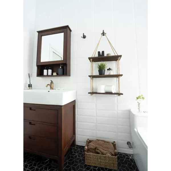 Mkono Hanging Shelves 3 Tier White Wood Wall Mount Floating Shelf with Rope Boho Decor for Living Room Bathroom Bedroom Kitchen Apartment  Rustic Wood Decorative Storage ShelfBrown