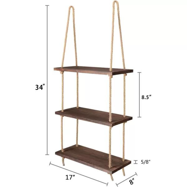 Mkono Hanging Shelves 3 Tier White Wood Wall Mount Floating Shelf with Rope Boho Decor for Living Room Bathroom Bedroom Kitchen Apartment  Rustic Wood Decorative Storage ShelfBrown