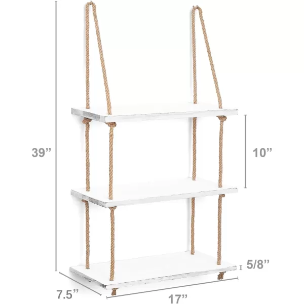 Mkono Hanging Shelves 3 Tier White Wood Wall Mount Floating Shelf with Rope Boho Decor for Living Room Bathroom Bedroom Kitchen Apartment  Rustic Wood Decorative Storage ShelfWhite