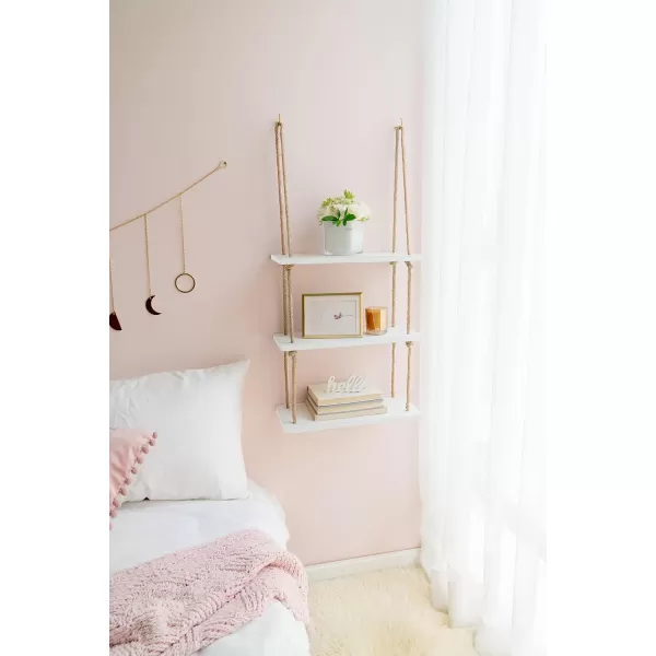 Mkono Hanging Shelves 3 Tier White Wood Wall Mount Floating Shelf with Rope Boho Decor for Living Room Bathroom Bedroom Kitchen Apartment  Rustic Wood Decorative Storage ShelfWhite