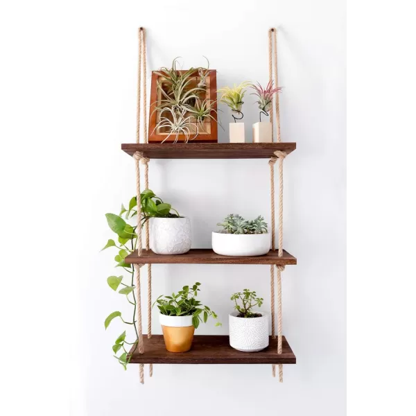 Mkono Hanging Shelves 3 Tier White Wood Wall Mount Floating Shelf with Rope Boho Decor for Living Room Bathroom Bedroom Kitchen Apartment  Rustic Wood Decorative Storage ShelfBrown