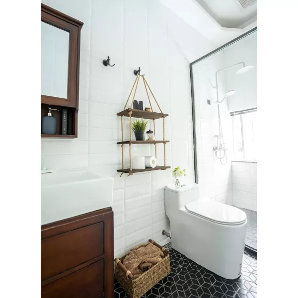 Mkono Hanging Shelves 3 Tier White Wood Wall Mount Floating Shelf with Rope Boho Decor for Living Room Bathroom Bedroom Kitchen Apartment  Rustic Wood Decorative Storage ShelfBrown