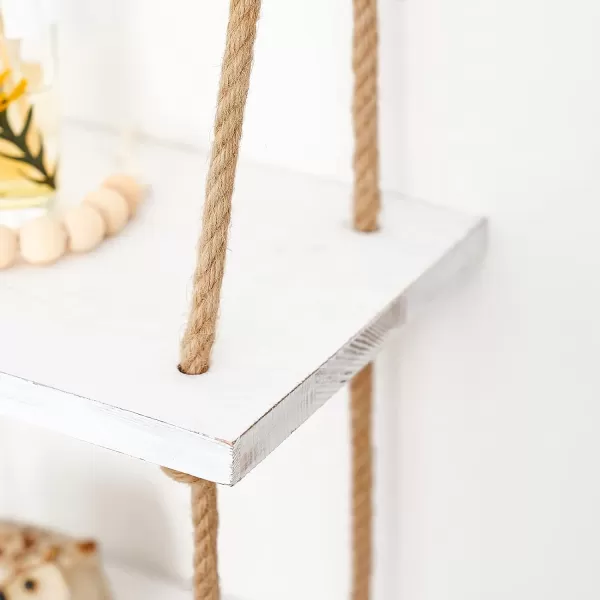 Mkono Hanging Shelves 3 Tier White Wood Wall Mount Floating Shelf with Rope Boho Decor for Living Room Bathroom Bedroom Kitchen Apartment  Rustic Wood Decorative Storage ShelfWhite