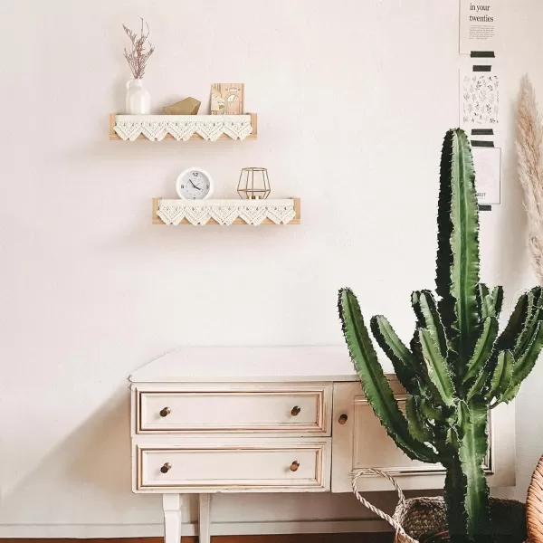 Mkono Macrame Floating Shelves Boho Wall Decor Set of 2 Natural Wood Hanging Storage Shelf for Bedroom Bathroom Living Room Nursery Dorm Room Display Shelving for Hanging Plants Photos