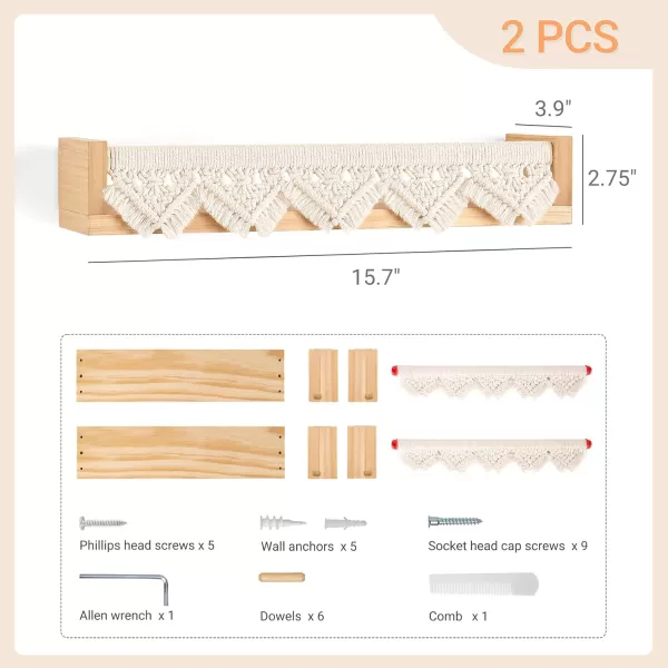 Mkono Macrame Floating Shelves Boho Wall Decor Set of 2 Natural Wood Hanging Storage Shelf for Bedroom Bathroom Living Room Nursery Dorm Room Display Shelving for Hanging Plants Photos
