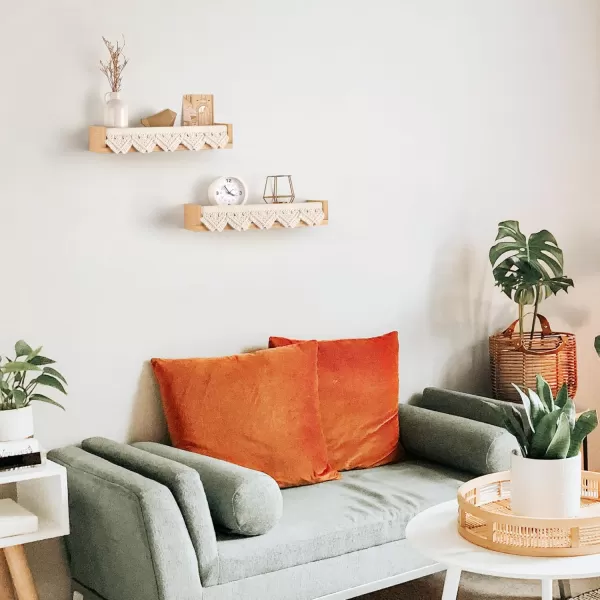 Mkono Macrame Floating Shelves Boho Wall Decor Set of 2 Natural Wood Hanging Storage Shelf for Bedroom Bathroom Living Room Nursery Dorm Room Display Shelving for Hanging Plants Photos