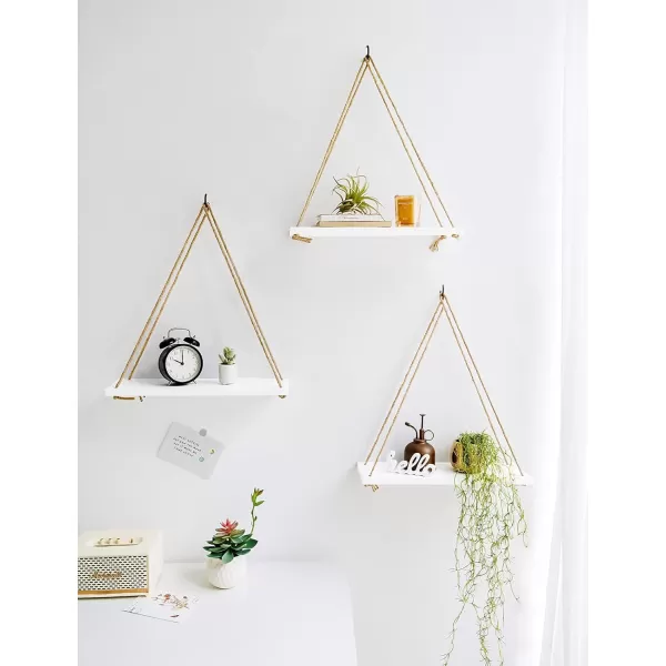 Mkono Wood Hanging Shelves for Wall Boho Decor Swing Rope Rustic Floating Shelf Set of 3 Wall Display Shelving Home Organizer Rack for Living Room Bedroom Bathroom KitchenWhiteIvory