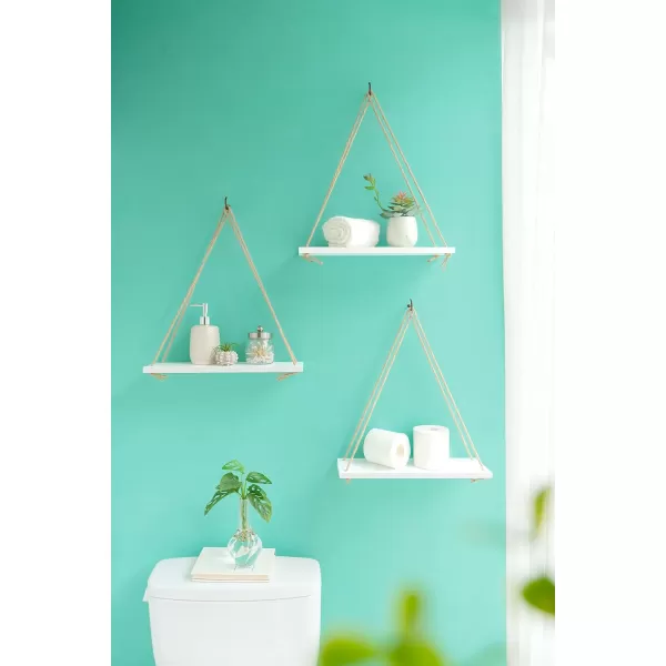 Mkono Wood Hanging Shelves for Wall Boho Decor Swing Rope Rustic Floating Shelf Set of 3 Wall Display Shelving Home Organizer Rack for Living Room Bedroom Bathroom KitchenWhiteIvory