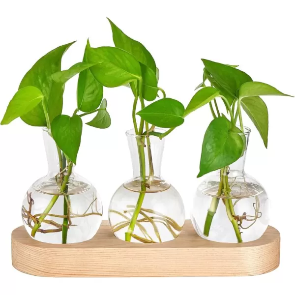 Mkono Desktop Plant Propagation Station Glass Planter Terrarium with Wooden Tray Bulb Flower Vase Perfect for Propagating Hydroponic Plants Home Office Decor Plant Lover Gift IdeaBeige