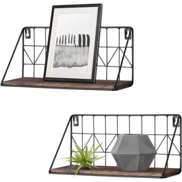 Mkono Floating Shelves Wall Mounted Set of 2 Rustic Wood Storage Display Shelf with Metal Wire Basket Hanging Shelf for College Drom Bedroom Bathroom Living Room Kitchen Office BrownMediumBrown