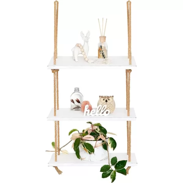 Mkono Hanging Shelves 3 Tier White Wood Wall Mount Floating Shelf with Rope Boho Decor for Living Room Bathroom Bedroom Kitchen Apartment  Rustic Wood Decorative Storage ShelfWhite