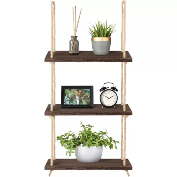 Mkono Hanging Shelves 3 Tier White Wood Wall Mount Floating Shelf with Rope Boho Decor for Living Room Bathroom Bedroom Kitchen Apartment  Rustic Wood Decorative Storage ShelfBrown