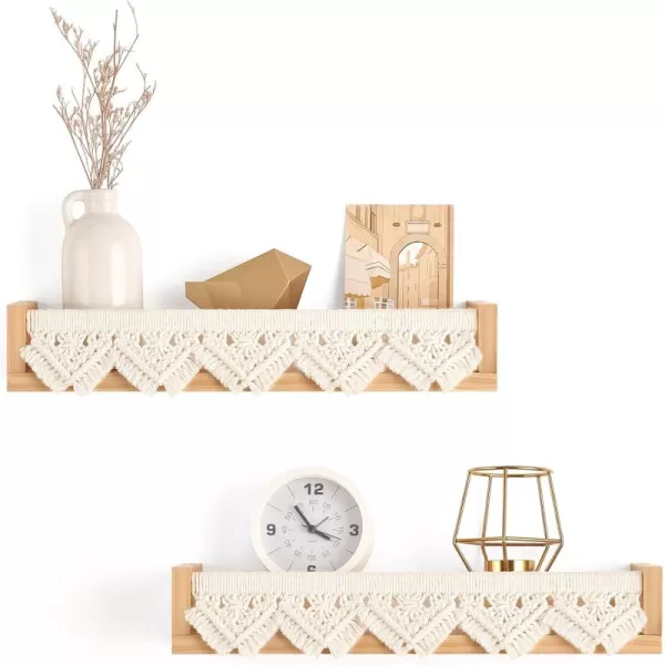 Mkono Macrame Floating Shelves Boho Wall Decor Set of 2 Natural Wood Hanging Storage Shelf for Bedroom Bathroom Living Room Nursery Dorm Room Display Shelving for Hanging Plants Photos