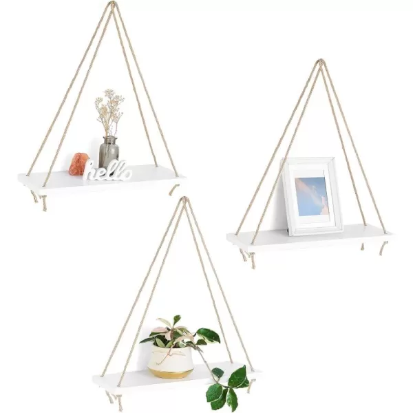 Mkono Wood Hanging Shelves for Wall Boho Decor Swing Rope Rustic Floating Shelf Set of 3 Wall Display Shelving Home Organizer Rack for Living Room Bedroom Bathroom KitchenWhiteIvory