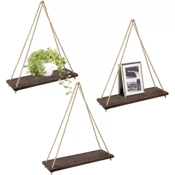 Mkono Wood Hanging Shelves for Wall Boho Decor Swing Rope Rustic Floating Shelf Set of 3 Wall Display Shelving Home Organizer Rack for Living Room Bedroom Bathroom KitchenWhiteBrown