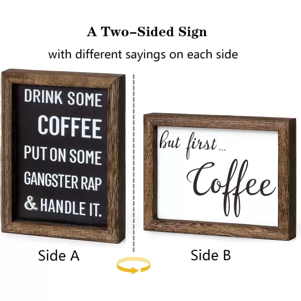 Mkono 1 Pcs Coffee Signs Decor Farmhouse Coffee Table Decor 2 Sides with Different Sayings Rustic Wood Coffee Sign Office Home Bar Wall Table Decor