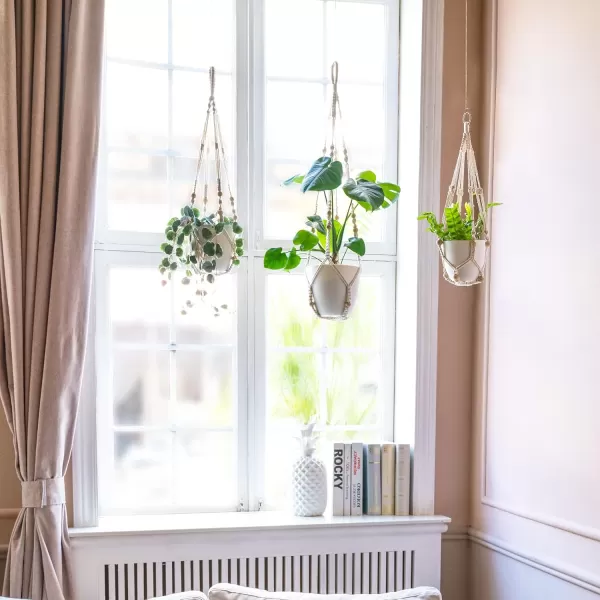 Mkono 3 Pack Macrame Plant Hangers Indoor Different Size Hanging Planter Basket Flower Pot Holder with Beads No Tassels 35quot29quot23quot Medium IvoryIvory